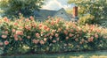 A vibrant garden scene featuring a hedge of blooming roses in front of a house Royalty Free Stock Photo